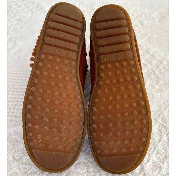 MINNETONKA Girls VTG Brown Double Fringe Moccasin Hard Sole Suede Boot Size 4 - Picture 6 of 9